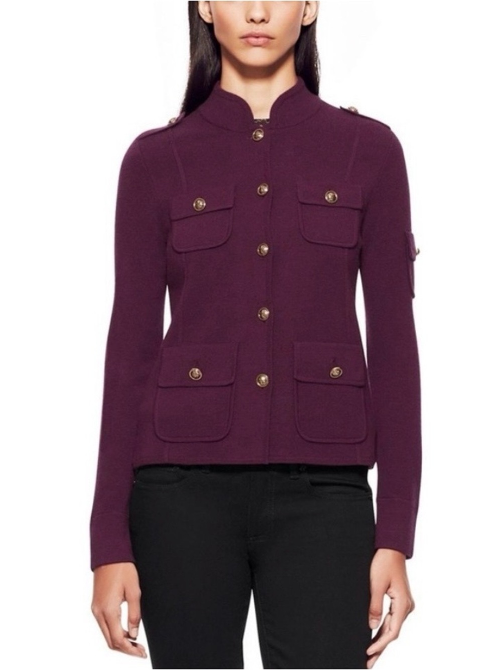 Tory Burch Sgt Pepper Jacket Dark Plum Size 12 NWT Military Inspired Wool Blend
